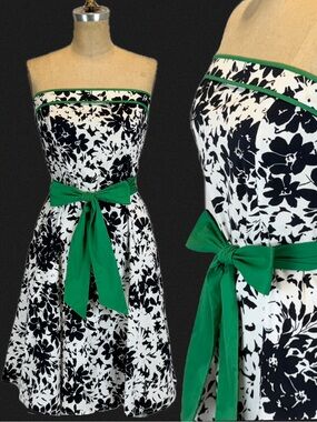 VINTAGE Y2K strapless floral sun dress fit flare green bow cotton garden party